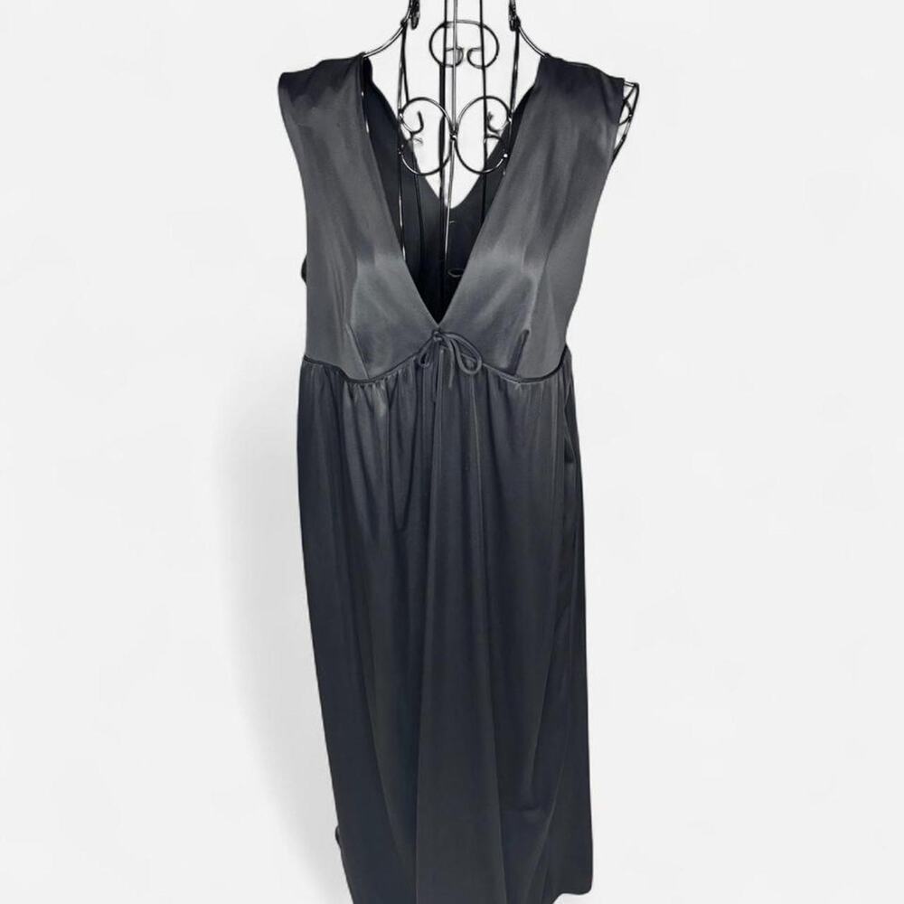 Vintage 60s ILGWU Black Nylon Nightgown Maxi Dress Empire Waist V-Neck Medium